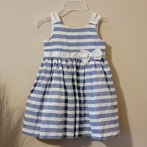 TAHARI BABY BLUE AND WHITE STRIPED SLEEVELESS DRESS WITH BOW, SIZE 4 - Picture 1 of 11